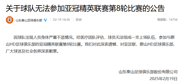 重罚!山东泰山被禁止参加亚足联赛事2个赛季 罚款5万美元